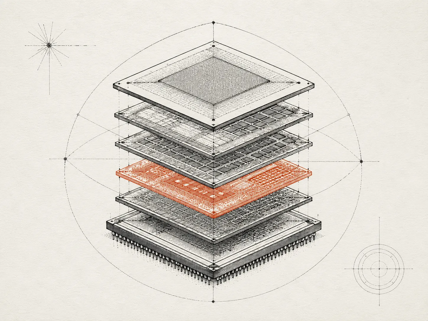 An exploded view of stacked processor chip layers, with one layer highlighted in ember orange, illustrating the move to TPU-based training.