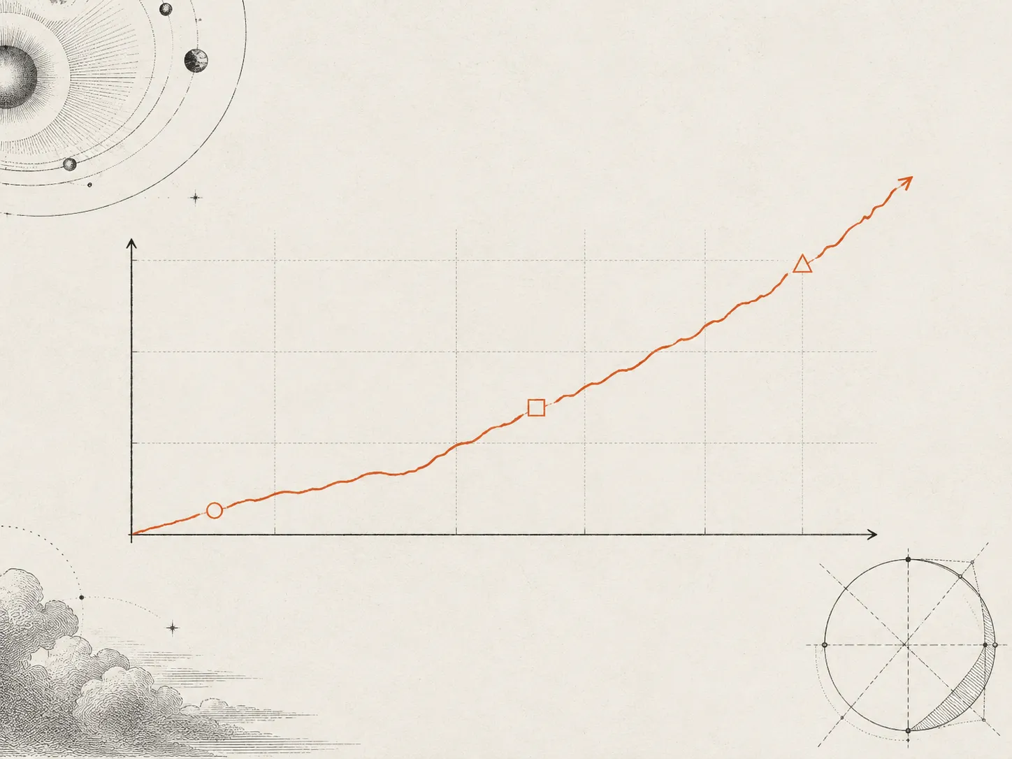An ascending chart line with a small cosmic orbital motif in the corner, illustrating Rixven's growth and ambition since founding.