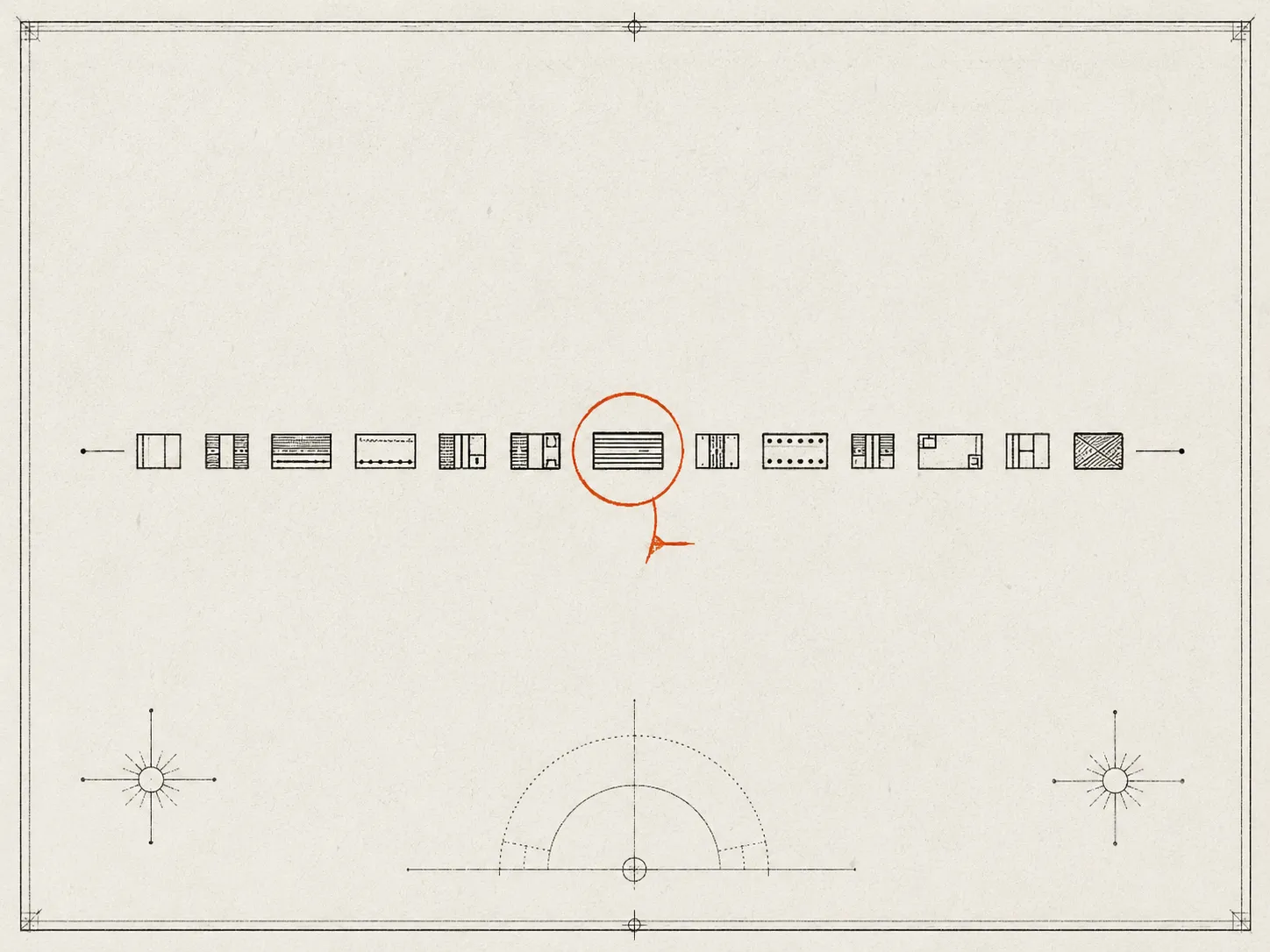 A row of abstract code blocks with a single block circled in ember orange, as if flagged by a reviewer — illustrating Kerven Vega 1's single job of catching the one wrong line.