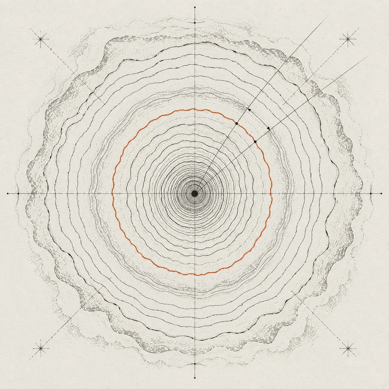 A concentric resonance field diagram, with one ring of the field highlighted in ember orange — an illustration of the spectral structure PSSR is built around.